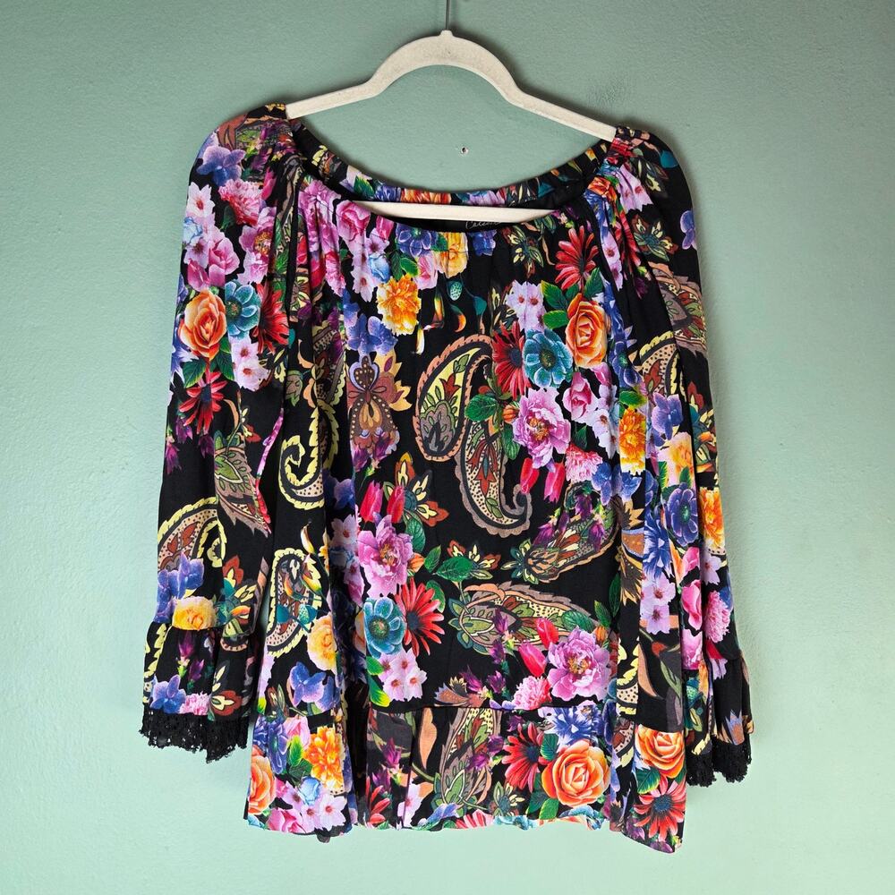 Women Medium Vibrant Colorful Floral Lace Tunic Top Paisley Boho Stretch